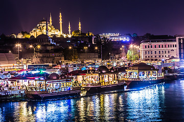 Image showing Night view on the restaurants at the end of the Galata bridge, S