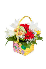 Image showing Beautiful bouquet of bright flowers in basket