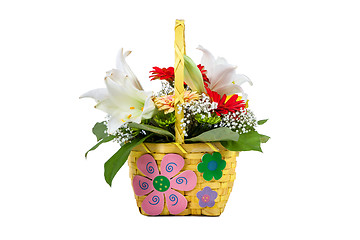 Image showing Beautiful bouquet of bright flowers in basket