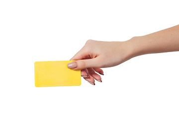 Image showing Businesswoman's hand holding blank business card