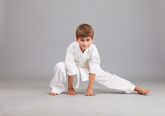 Image showing Karate boy in white kimono fighting