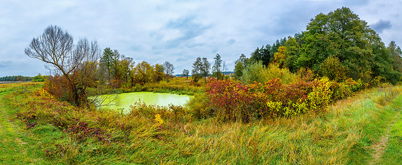 Image showing Forest lake in fall. Panorama