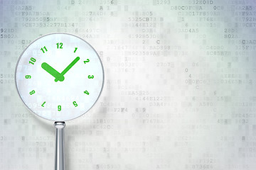 Image showing Time concept:  Clock with optical glass on digital background