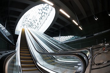 Image showing Moving escalator in the business center