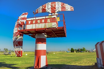 Image showing Large tesla tower at airport field