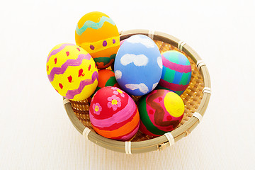 Image showing Pinted colourful easter egg in basket