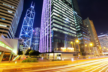 Image showing Central business district in Hong Kong with traffic trail