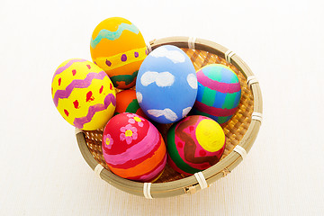 Image showing Colourful pattern easter egg in basket