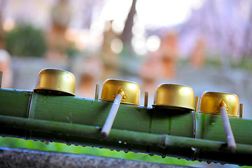 Image showing Bamboo water fountain in Japanese garden