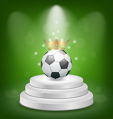 Image showing Football ball with golden crown on white podium