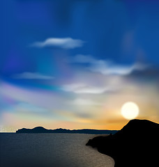 Image showing Nature background, sea, mountain, sun, sky during sunrise