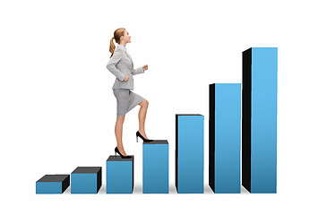 Image showing smiling businesswoman stepping on chart bar