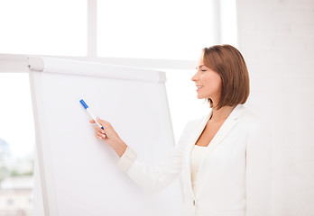 Image showing smiling businesswoman pointing to flipchart