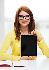 Image showing smiling student girl in eyelgasses with tablet pc