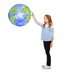 Image showing girl drawing planet earth in the air