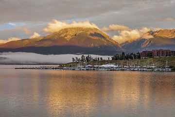 Image showing sunrise over Lake Dillon and marina