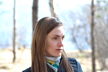 Image showing Woman black leather jacket in the park