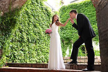 Image showing Portrait of a young bride and groom