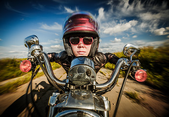 Image showing Biker girl and motorcycle (fisheye lens)