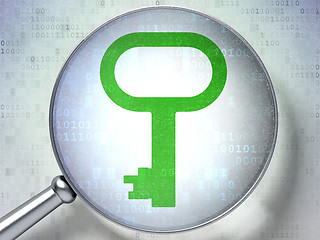 Image showing Security concept:  Key with optical glass on digital background