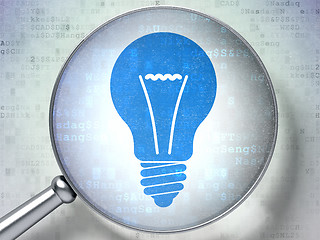 Image showing Finance concept:  Light Bulb with optical glass on digital backg