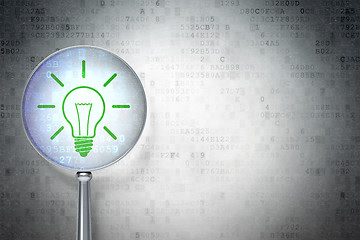 Image showing Finance concept:  Light Bulb with optical glass on digital backg