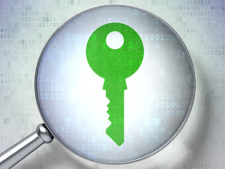 Image showing Safety concept:  Key with optical glass on digital background