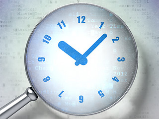 Image showing Time concept:  Clock with optical glass on digital background