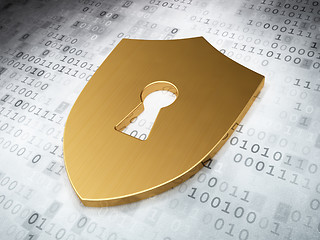 Image showing Safety concept: Golden Shield With Keyhole on digital background