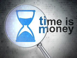 Image showing Time concept: Hourglass and Time is Money with optical glass
