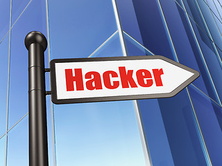 Image showing Privacy concept: Hacker on Business Building background