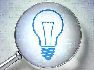 Image showing Finance concept:  Light Bulb with optical glass on digital backg