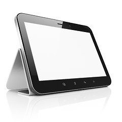 Image showing Black abstract tablet computer (tablet pc) with stand on white b