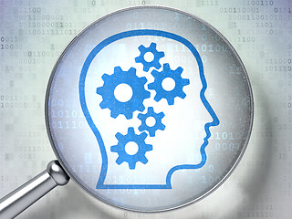 Image showing Data concept:  Head With Gears with optical glass on digital bac