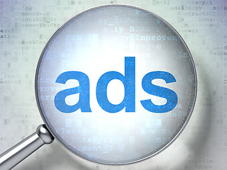 Image showing Marketing concept: Ads with optical glass on digital background