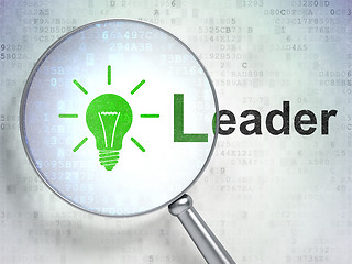 Image showing Finance concept: optical glass with Light Bulb icon and &quot;Leader&quot;