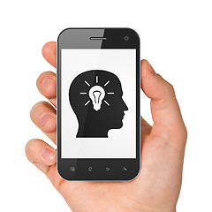 Image showing Information concept: Head Whis Light Bulb on smartphone