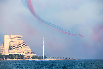 Image showing Red Arrows over Doha  Bay