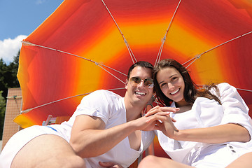 Image showing happy couple have fun on the beach