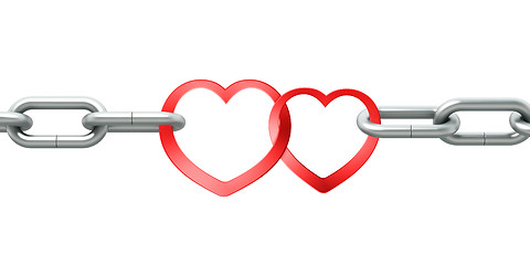 Image showing Steel chain with two joined red hearts