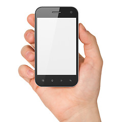 Image showing Hand holding smartphone on white background. Generic mobile smart phone