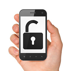 Image showing Hand holding smartphone with opened padlock