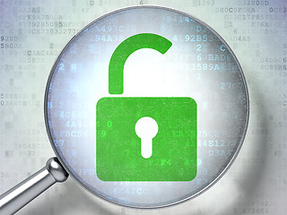 Image showing Magnifying optical glass with opened padlock icon