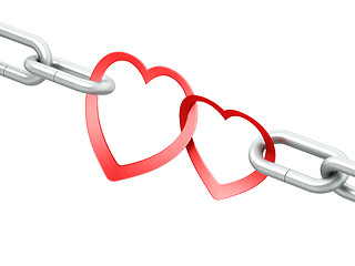 Image showing Steel chain with two joined red hearts