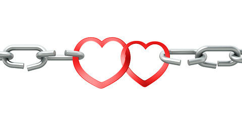 Image showing Steel chain with two joined red hearts