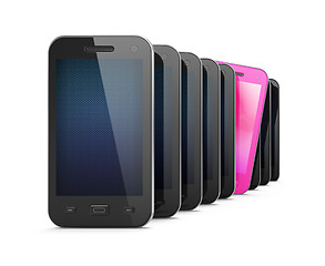 Image showing Beautiful pink smartphone among many black smartphones