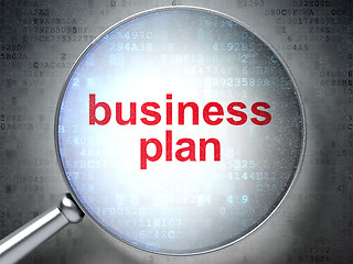 Image showing Magnifying optical glass with words business plan on digital bac