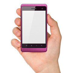 Image showing Hand holding smartphone on white background. Generic mobile smart phone