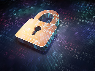 Image showing Security concept: Golden closed padlock on digital background