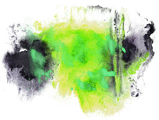 Image showing abstract drawing stroke ink watercolor brush black, green water 